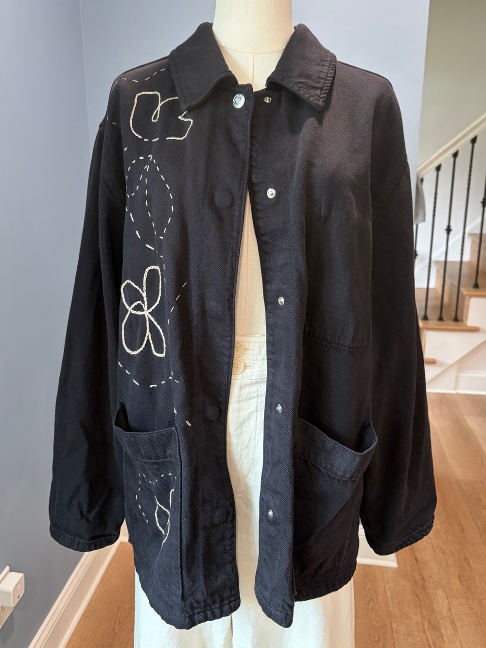 Zara Black Embroidered Floral Chore Jacket Oversized Utility Shacket M